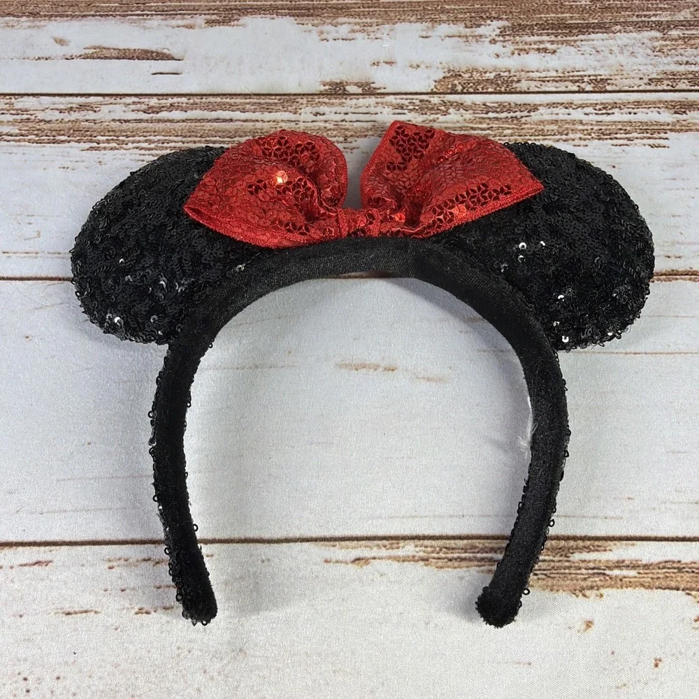 Disney Parks Authentic Minnie Mouse Black Sequin Ears Headband Red Bow